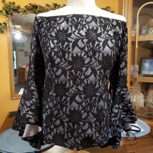 Wide off or on shoulder, glitter detail, bell cuff